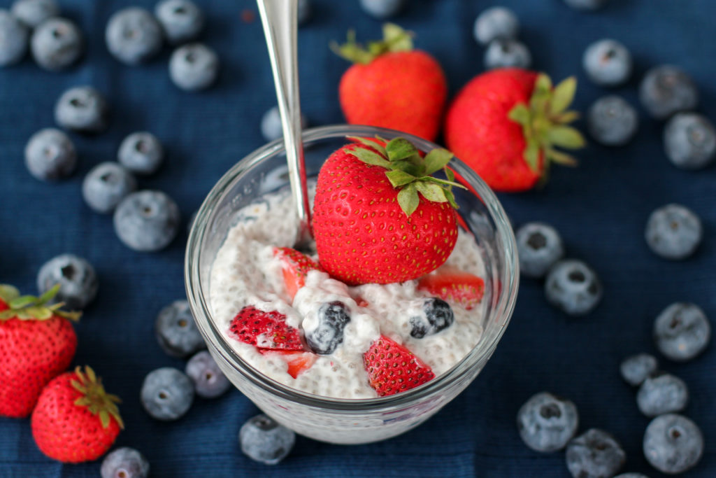 Chia seed pudding with strawberries and blueberries