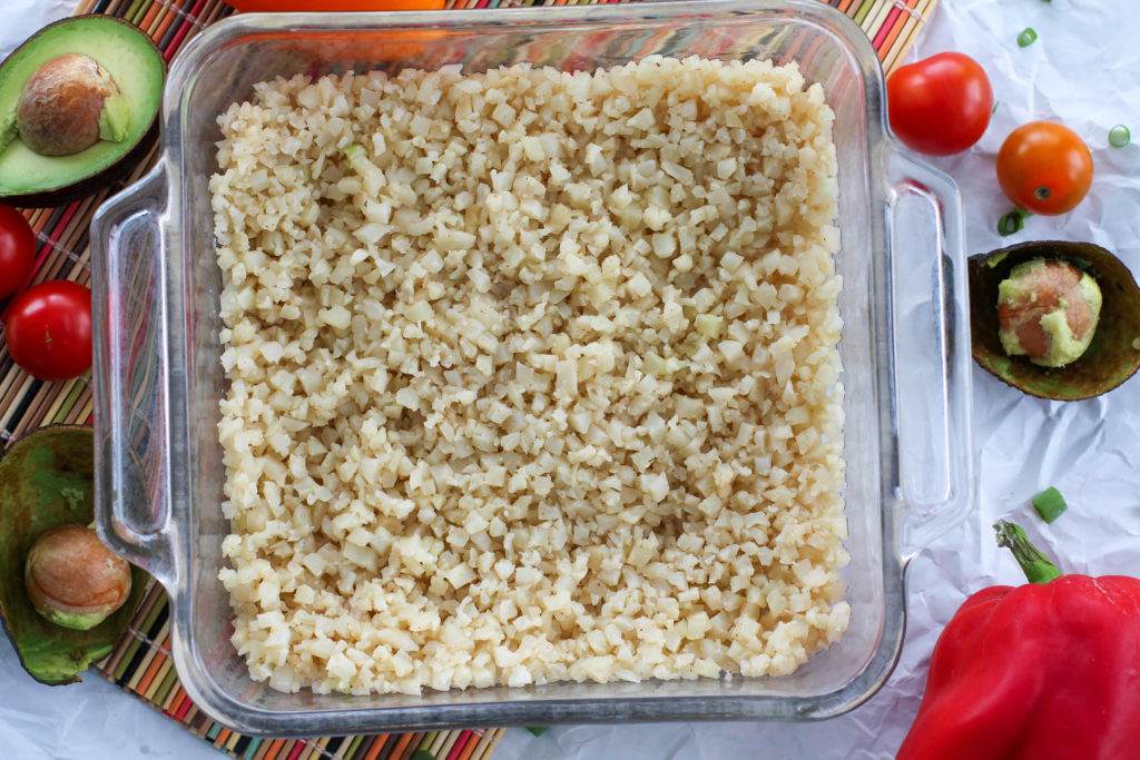 Glass pan with cauli-rice