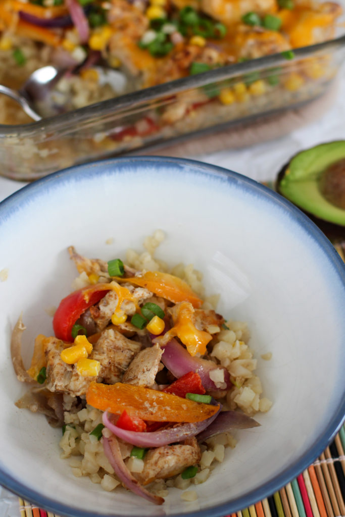 Bowl of easy chicken fajita casserole