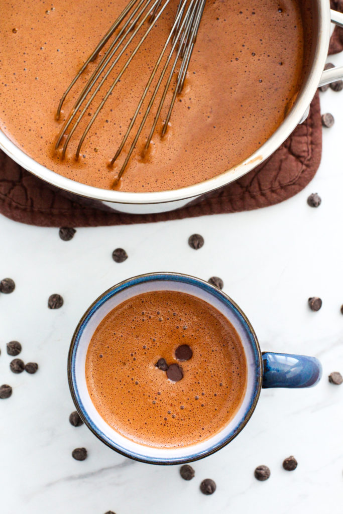 Pan and mug of homemade hot chocolate topped with chocolate chips