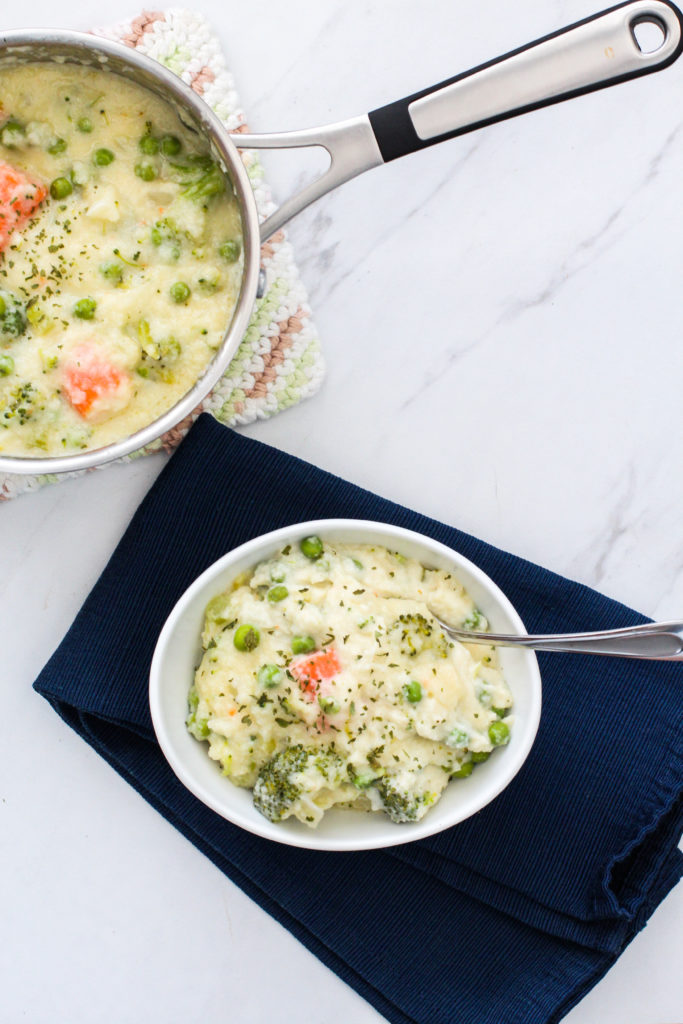 Pan and bowl of creamy vegetable soup