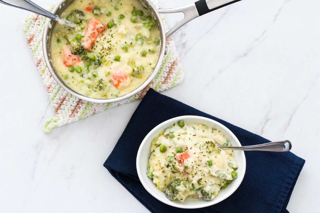 Pan and bowl of creamy vegetable soup