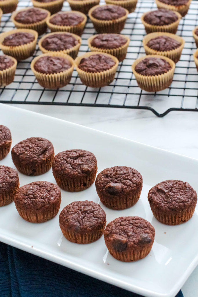 Plate and cooling rack of healthy chocolate banana muffins