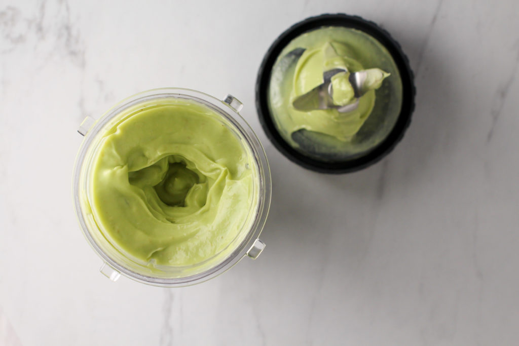 blender cup with pureed avocado and coconut milk