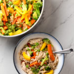 Bowl and Pan of Healthy Chicken Stir-fry