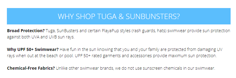 tuga sunwear statment about being non-toxic swimwear