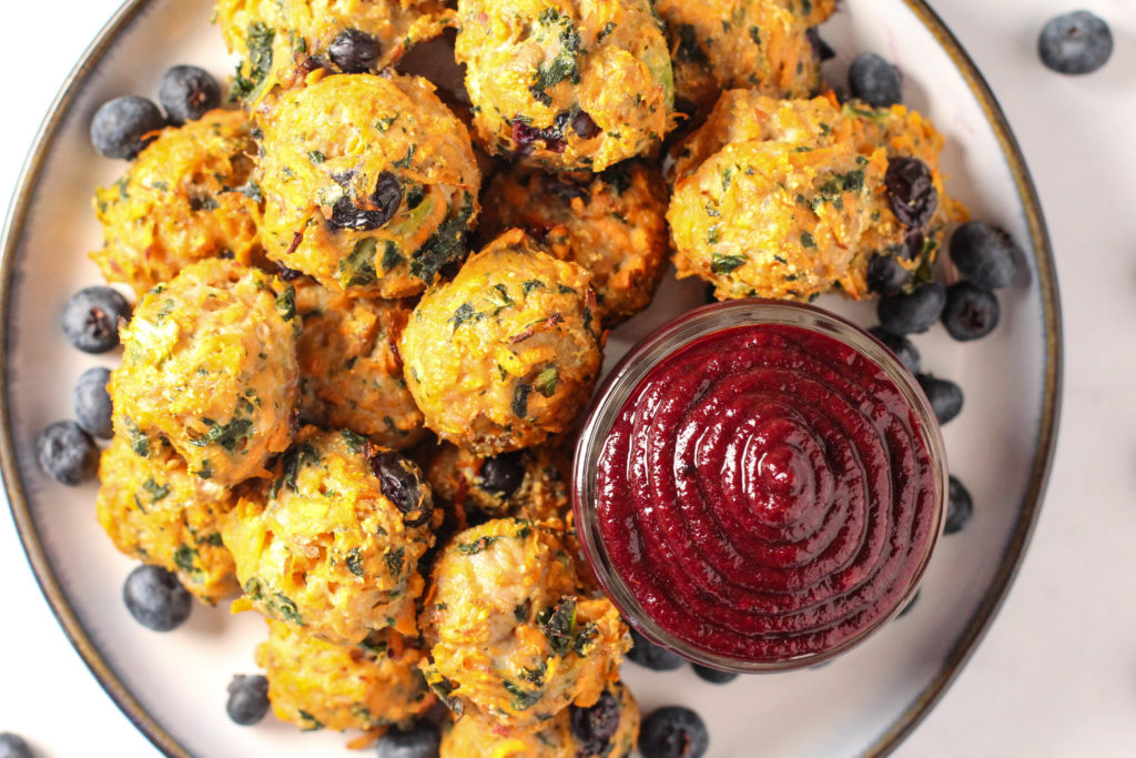 plate of blueberry meatballs with blueberry BBQ sauce