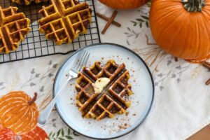 pumpkin waffle on plate with fork