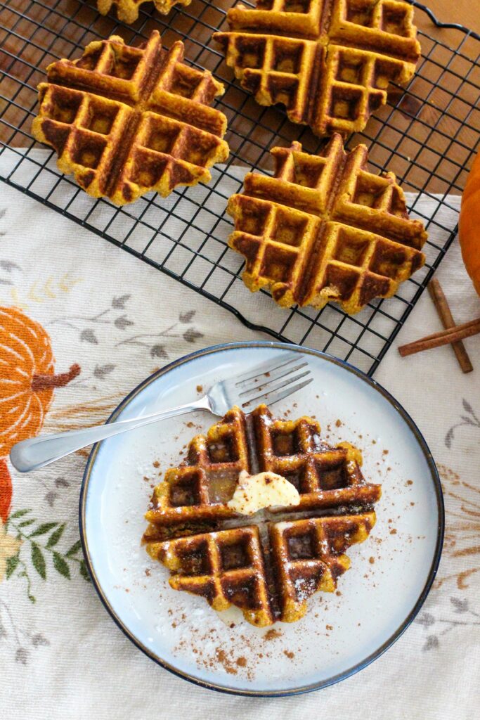 plate and wire rick with pumpkin waffles