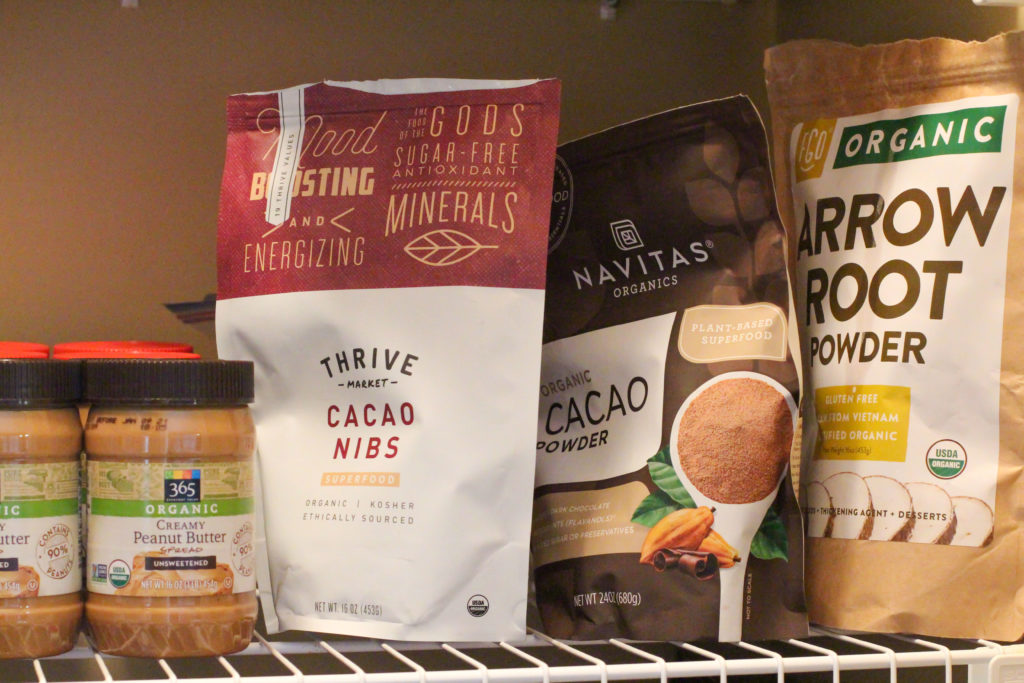 healthy shelf stable pantry products like cocoa nibs and cacao powder