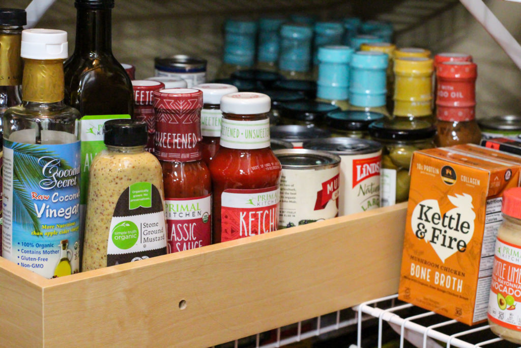 pantry shelf full of healthy shelf stable food