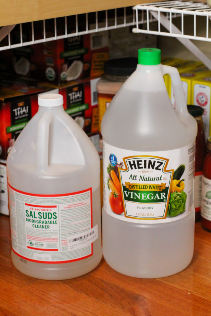 Sal suds and large vinegar container on pantry floor