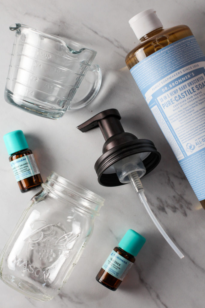 scattered ingredients and parts to make your own hand soap