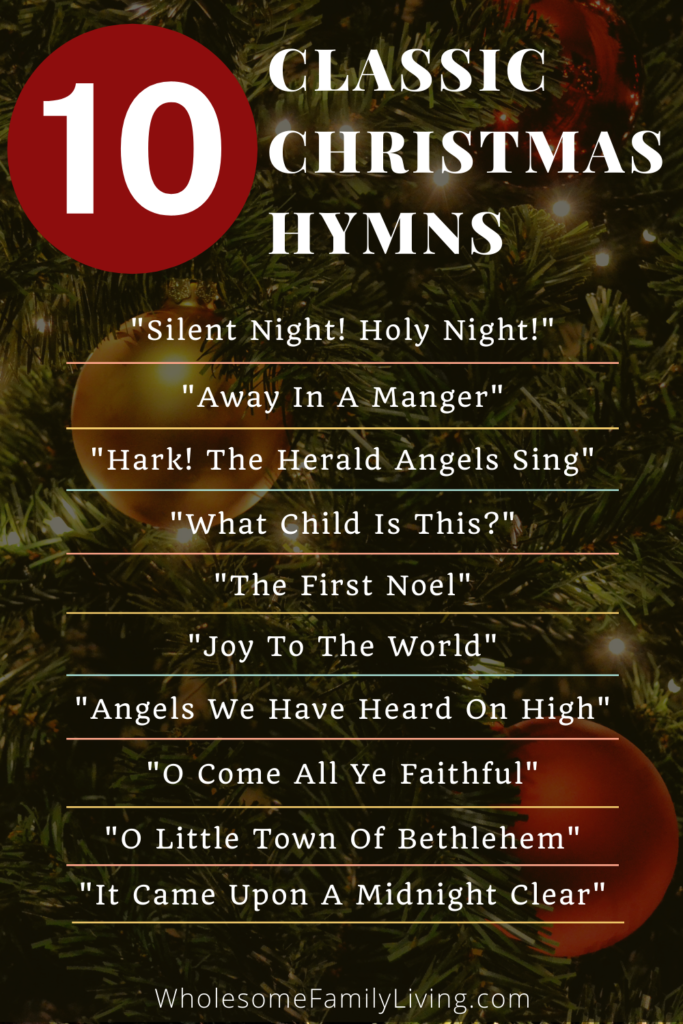 List of 10 Christmas hymns with Christmas tree in background