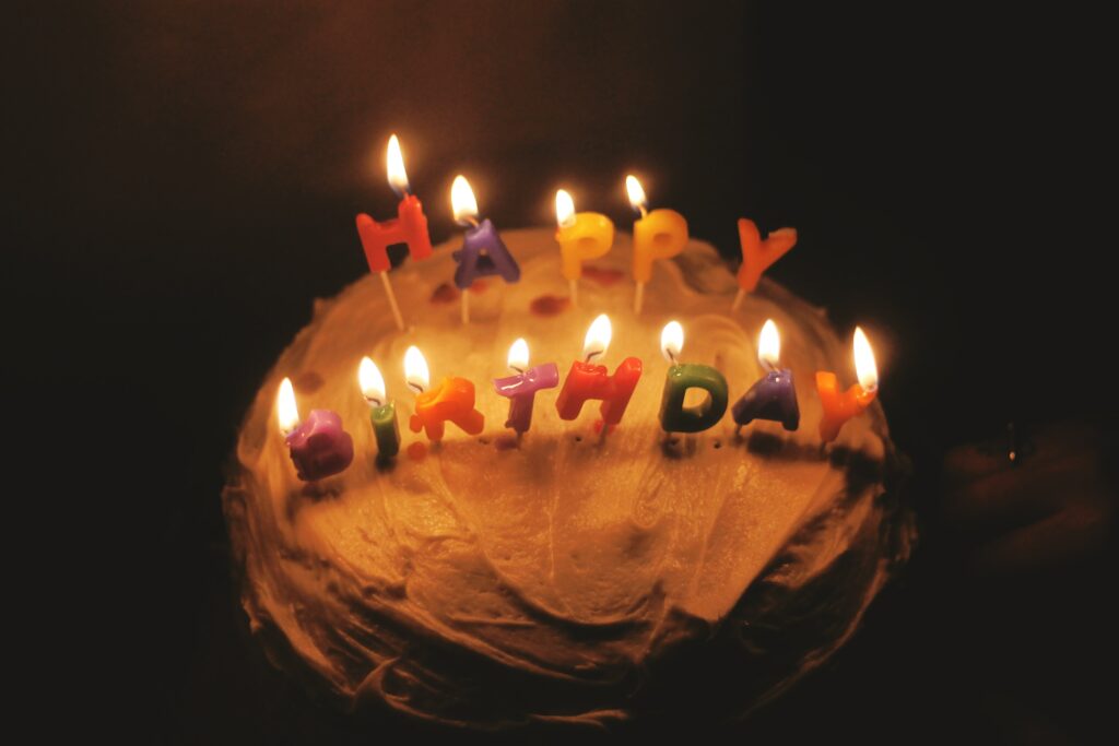 birthday cake with happy birthday candles lit on top