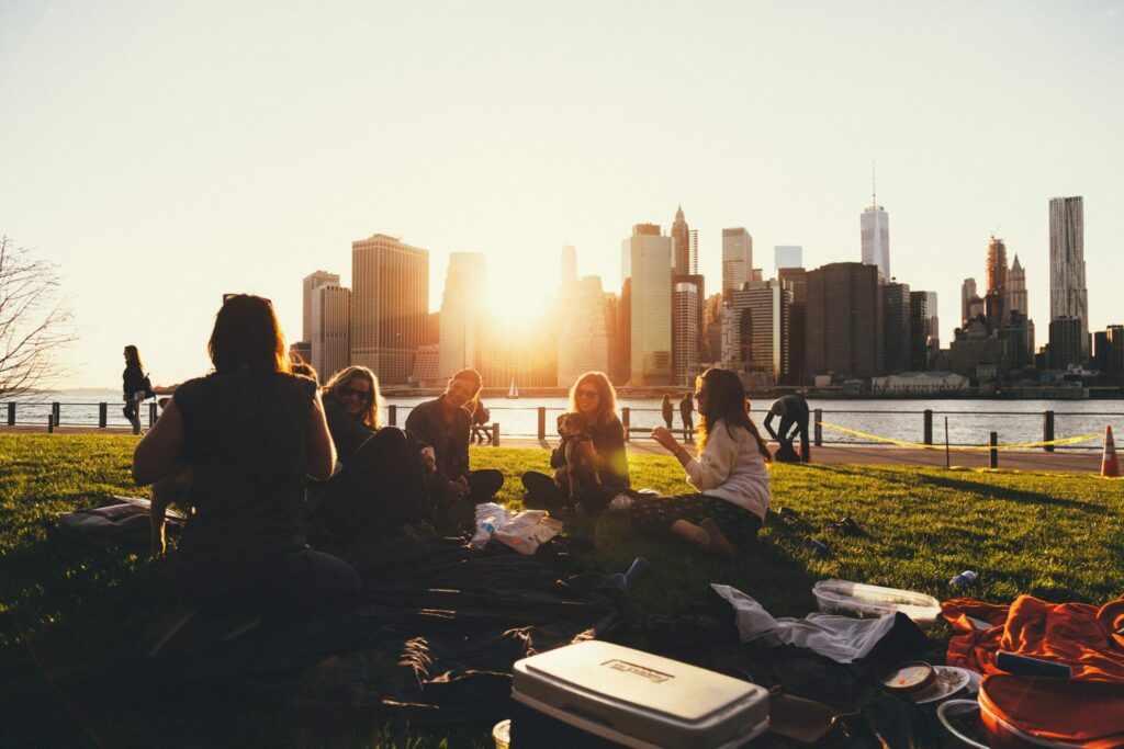 group of people sitting in grassy area with picnic