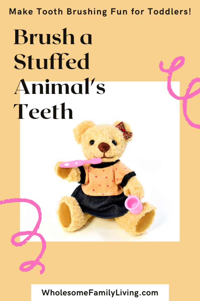 brush a stuffed namial's teeth for a fun way to brush your toddler's teeth