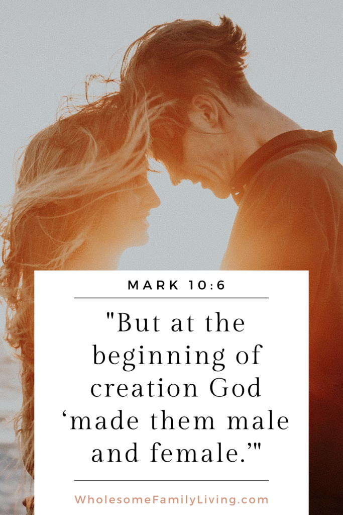 Illustrating problem #1 with God's design for marriage using verse Mark 10:6 with couple in background and bright light shining between them 
