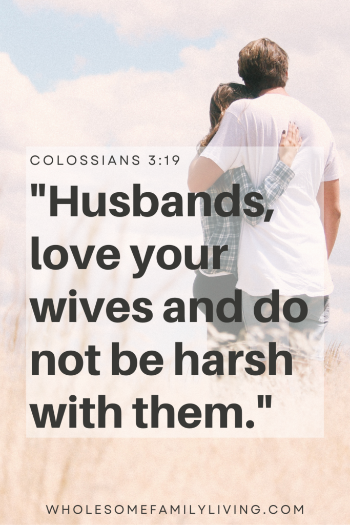 Colossians 3:19 with couple hugging in the background
