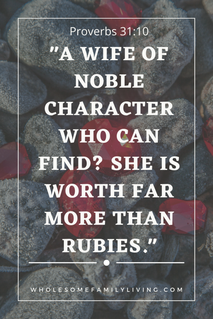 Proverbs 31:10 with rocks and rubies in the background