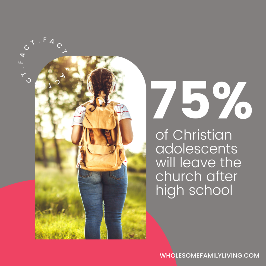 75% kids leave their faith graphic with girl walking down path with headphones and backpack