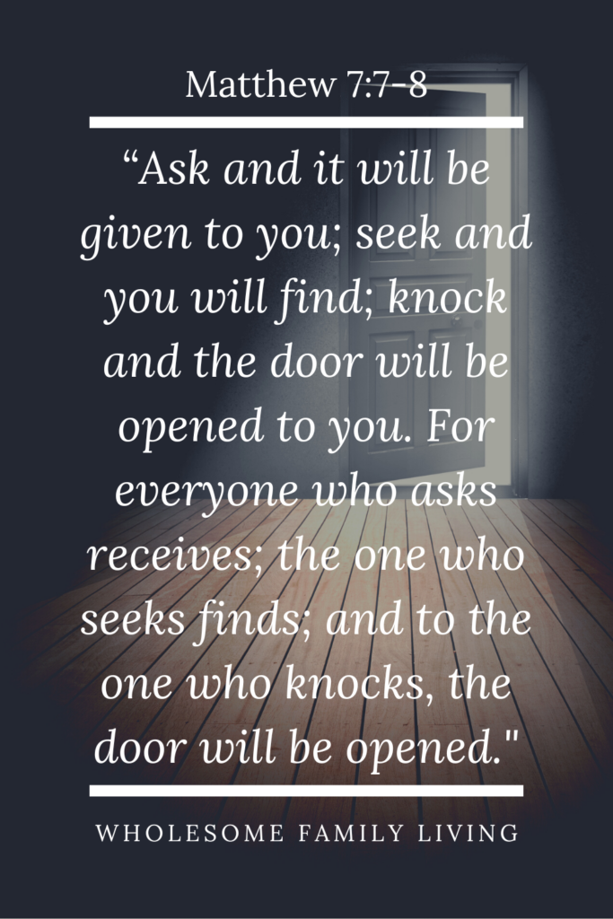 Matthew 7:7-8 with an open door in the background